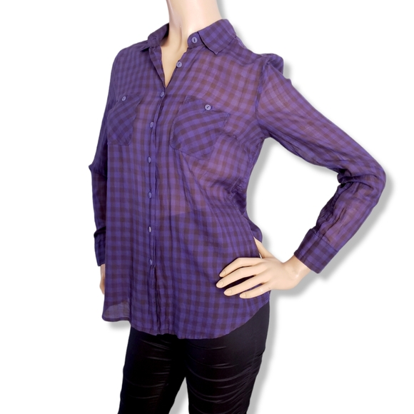 BCBGeneration Blue & Black Plaid Semi-Sheer Button Down Shirt - Picture 3 of 8